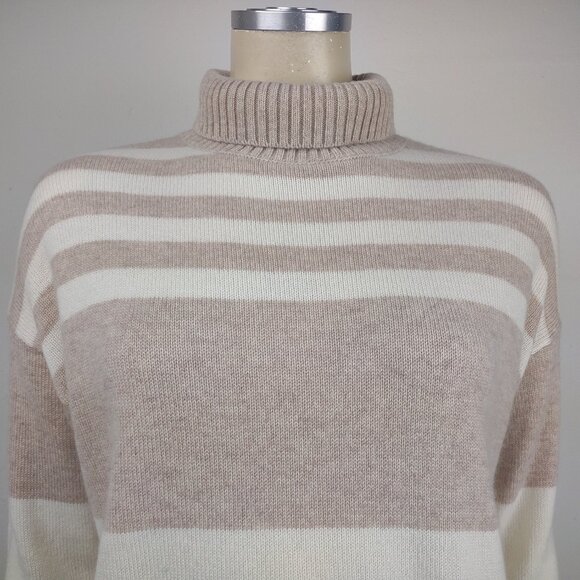 J. McLaughlin beige white striped 100% Cashmere turtleneck sweater ladies Small - Picture 2 of 7